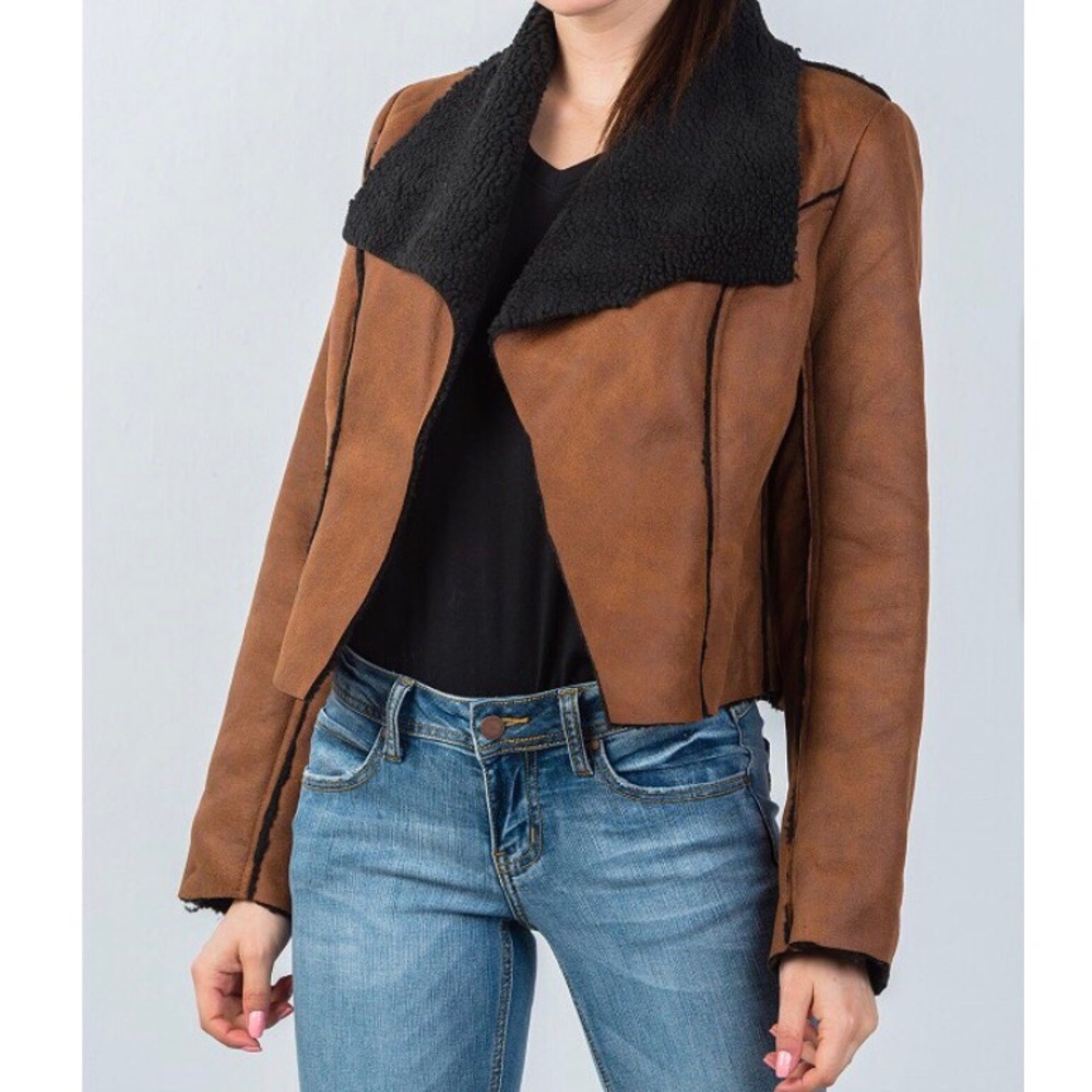 Trac Faux Sheepskin Jacket Cognac Color Cropped With Faux Black Shearling M NWOT